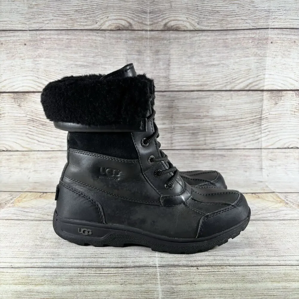 UGG Waterproof Shearling Lace Up Winter Boots Kids Size 4 Black